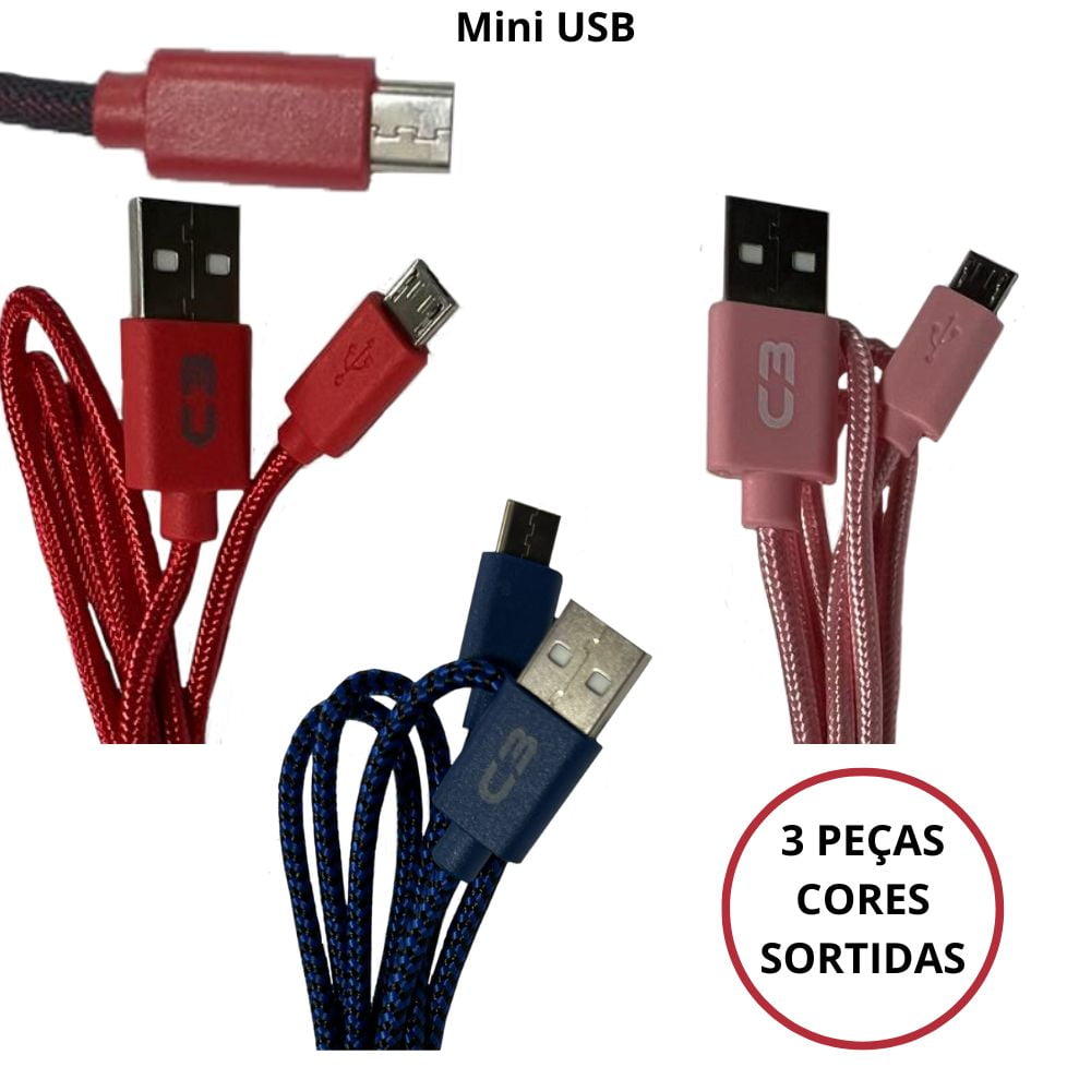 Kit 3 Cabos USB Micro Reforçado Android Carregador 1Mt