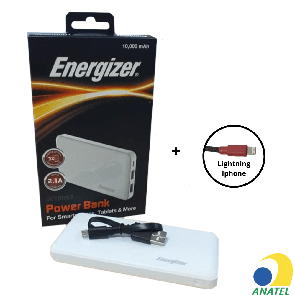 Carregador Portátil 10.000 Energizer Branco + Cabo Iphone Lightning