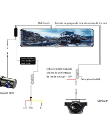 Retrovisor 3 câmeras, Para Veículos Uber,Taxi,99 e Vans