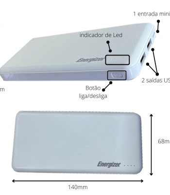 Carregador Portátil 10.000 Energizer Branco + Cabo Mini USB Android